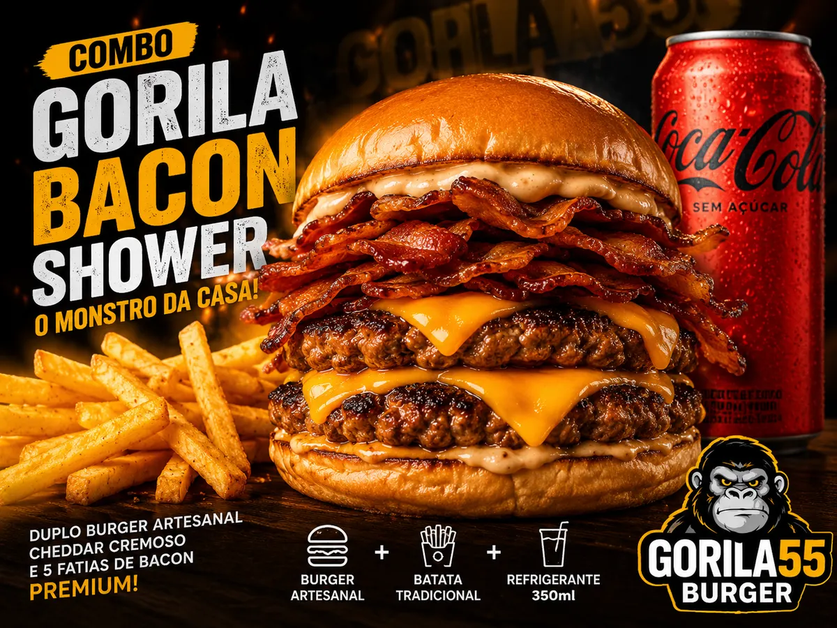 Arte promocional do burger com cheddar e bacon do Gorila55 Burger
