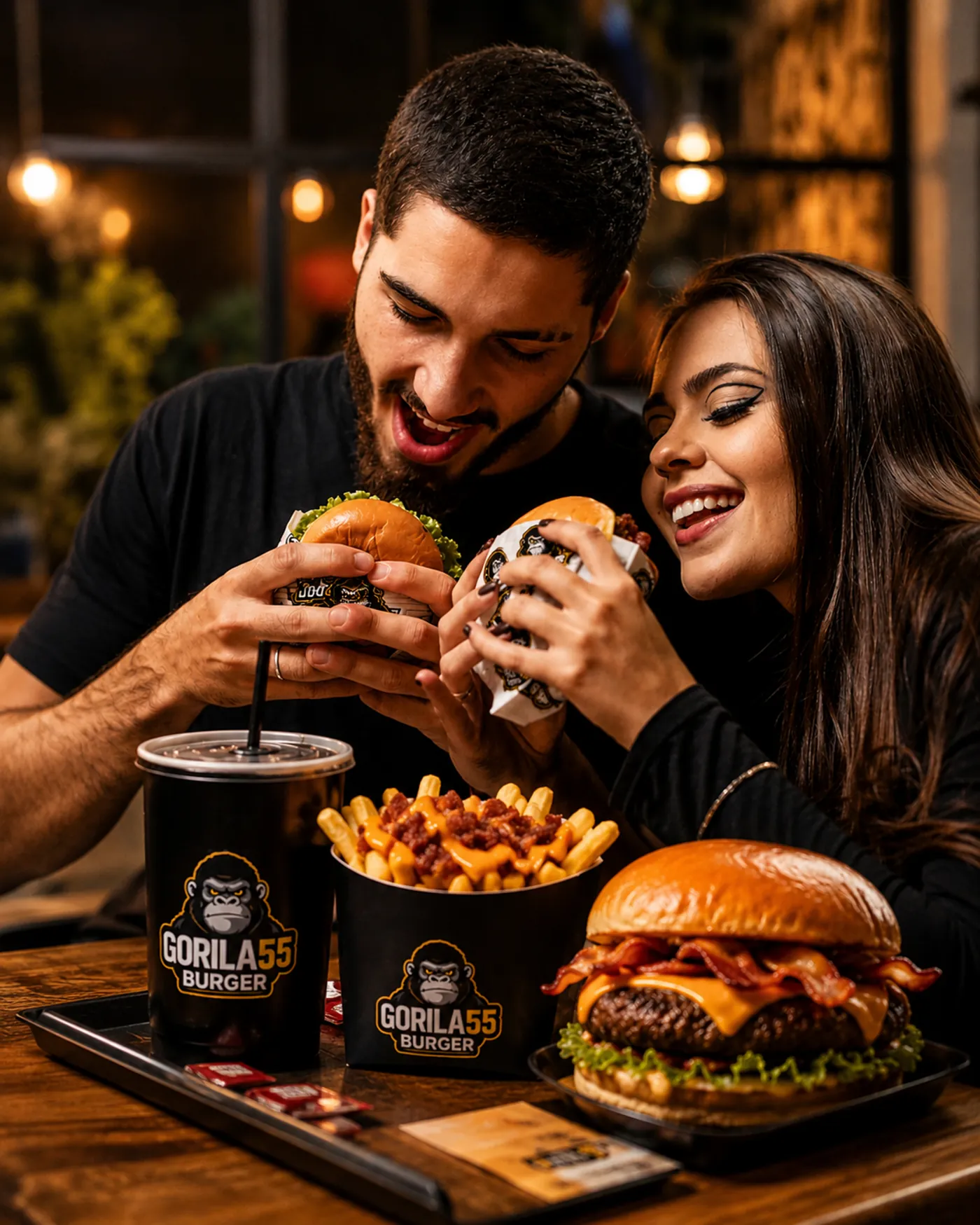Casal de clientes do Gorila55 Burger sorrindo enquanto compartilham combos artesanais