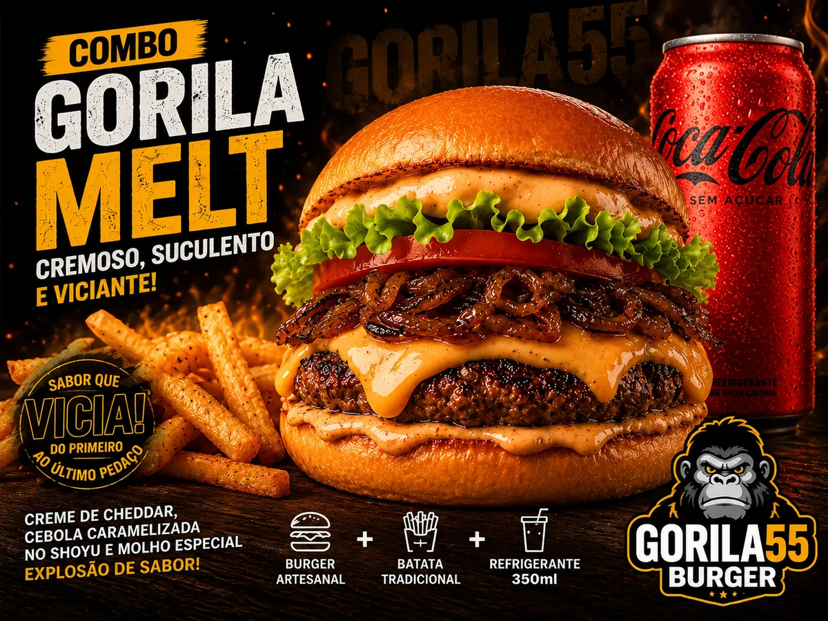 Arte promocional do Combo Gorila Melt com cheddar cremoso e batata crocante