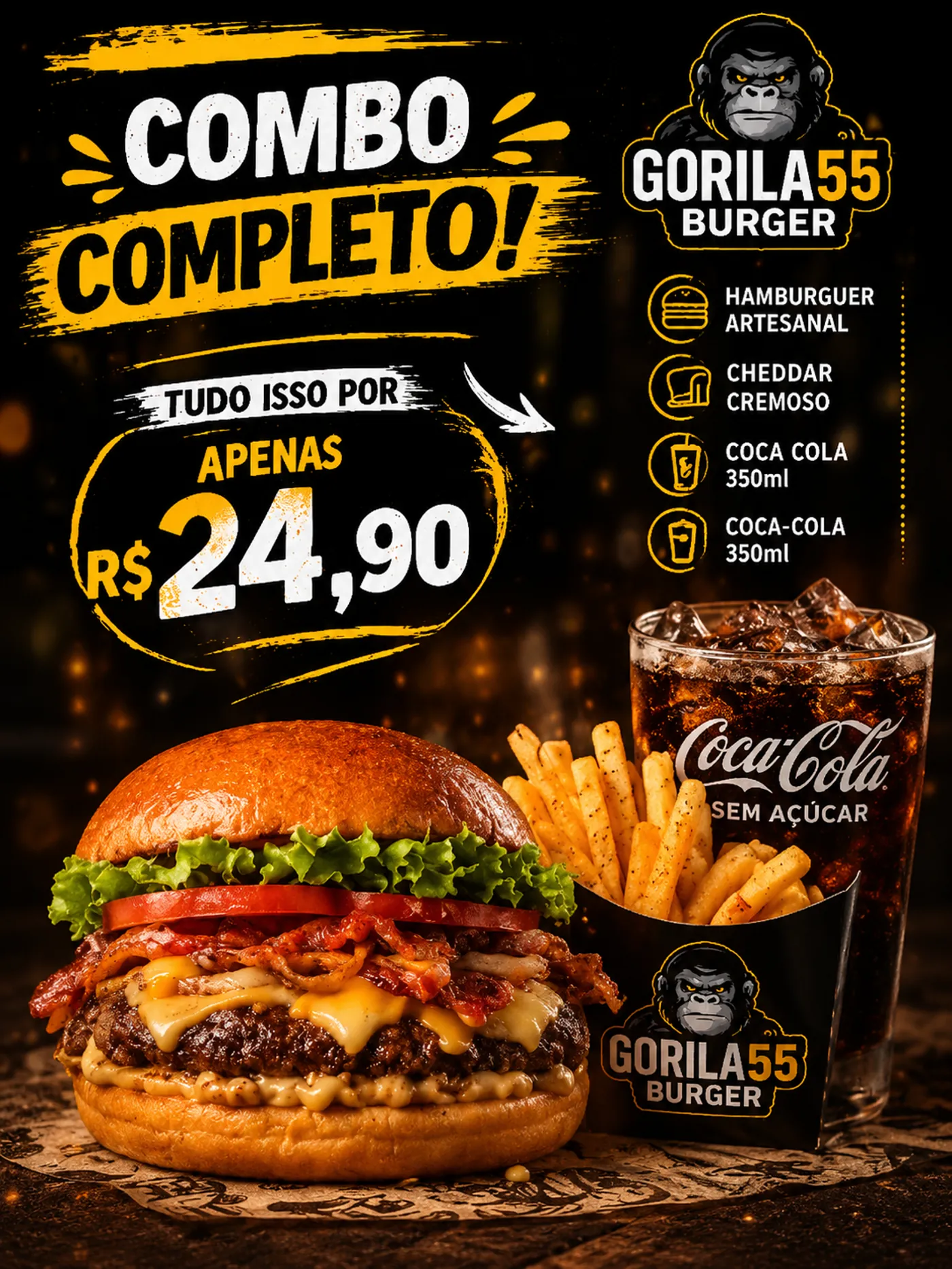 Combo Completo Gorila55 Burger por R$ 24,90 com hambúrguer artesanal, cheddar, batata e Coca-Cola